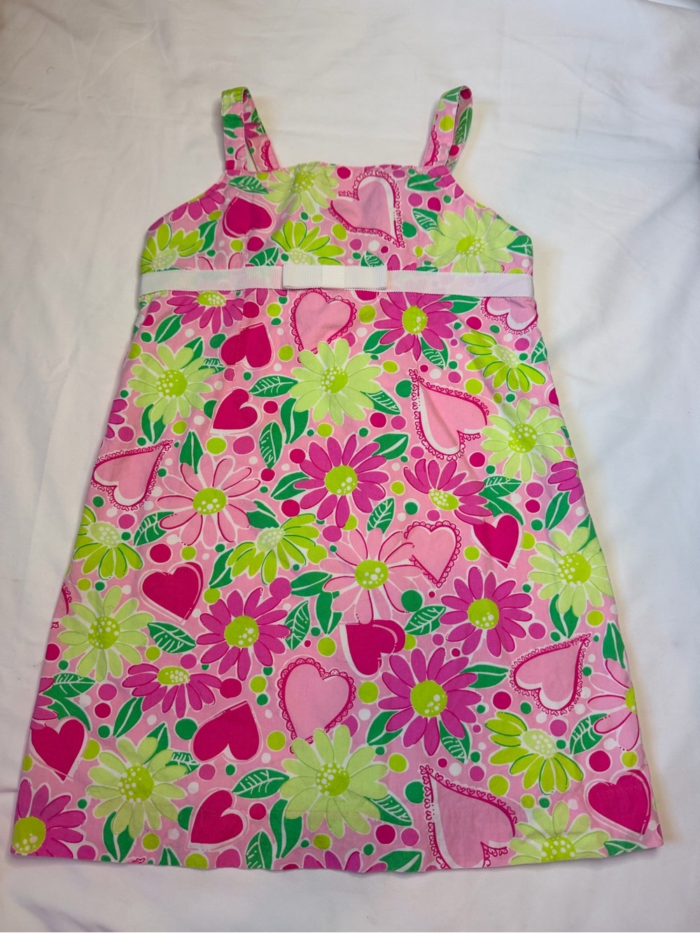 Lilly Pulitzer Girls Tank Dress 6X Hearts Floral Pink and Green White Bow Waist